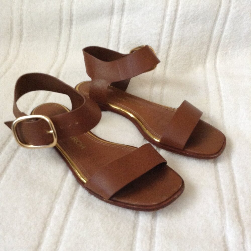 Tory Burch Brown Tan Gold Buckle Flats Sandals Size 7.5 Medium